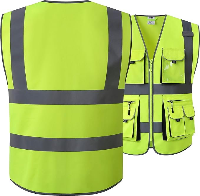 JKSafety 10 Pockets Class 2 High Visibility Zipper Front Safety Vest Yellow with High Reflective Strips Meets ANSI/ISEA Standards (88-Yellow, Medium)