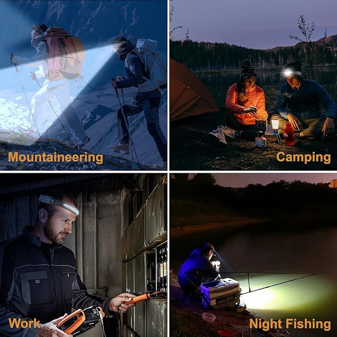 LED Headlamp Rechargeable Waterproof, Motion Sensor Hardhat Headlamp with Clips, 230°Wide Beam Head Lamp 6 Modes, for Adults, Kids, Camping, Running, Hiking, 2 Pack
