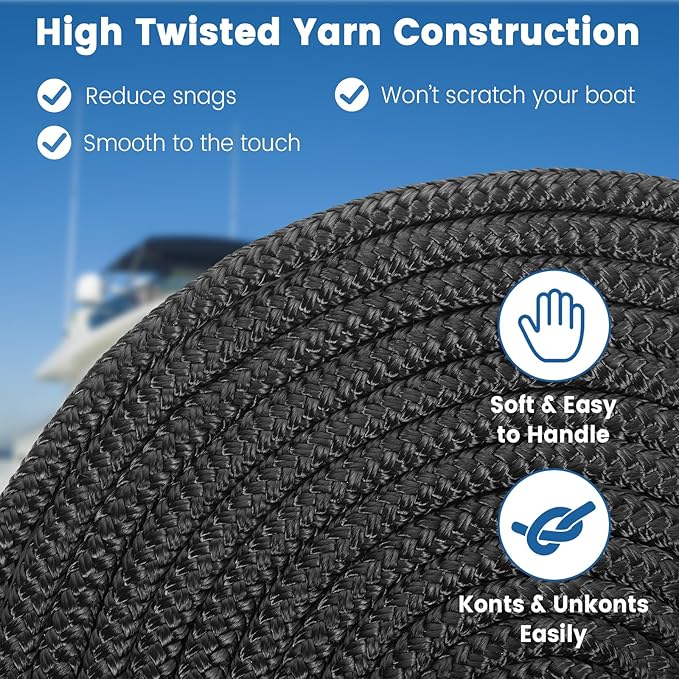 Premium Marine-Grade Dock Lines - 4 Pack 3/8" x 25' Strength-Tested Double Braided Nylon Boat Ropes with 12" Security Loops | Heavy-Duty Docking & Mooring Rope