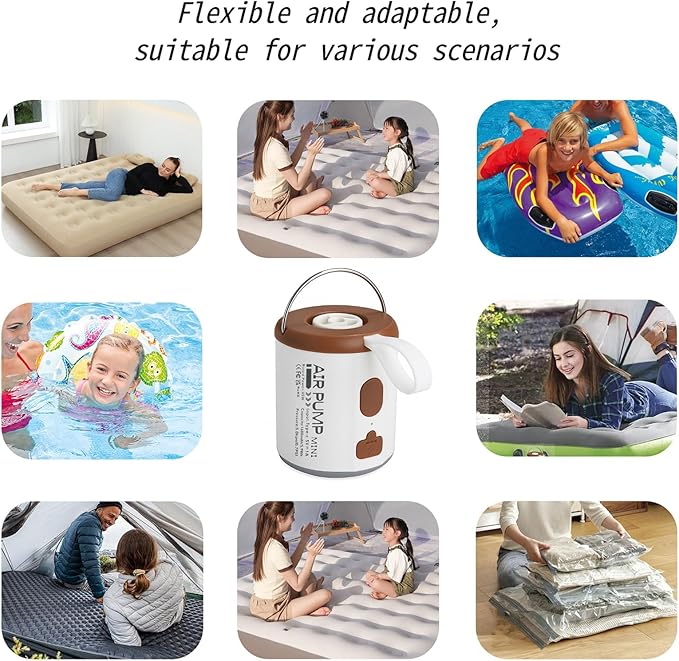 Mini Portable Air Pump for Inflatables - Dual Suction & Inflation, USB Rechargeable, with Camping Light & Multiple Nozzles, Magnetic Base - Ideal for Sleep Pads, Air Mattresses, Pool Floats