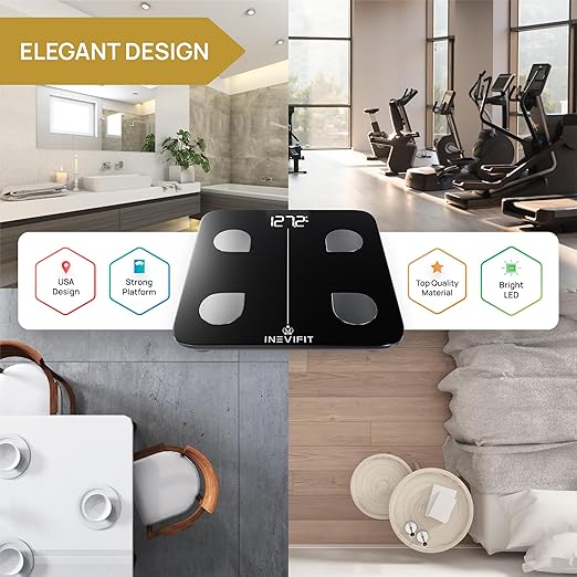 INEVIFIT Smart Body Fat Scale, Highly Accurate Bluetooth Digital Bathroom Body Composition Analyzer, Measures Weight, Body Fat, Water, Muscle, Visceral Fat & Bone Mass for Unlimited Users (Black)