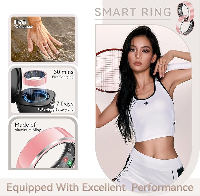 Health Smart Ring for Men Women, Fitness Tracker with Heart Rate/Blood Pressure/Blood Oxygen Monitor,Sleep Tracker,Pedometer, IP68 Waterproof Ring for iPhone&Android, No Subscription (Pink, Size8)