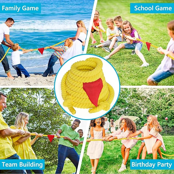 X XBEN Tug of War Rope with Flag for Kids, Teens and Adults 20FT, Soft Cotton Rope Games for Team Building Activities, Family Reunion, Birthday Party Yellow