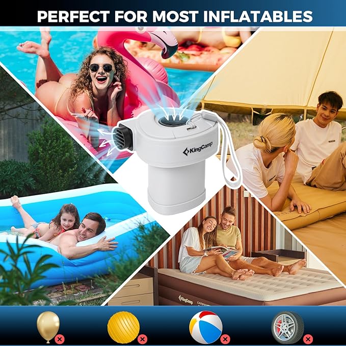 KingCamp Air Pump for Inflatables, Portable Quick-Fill Inflator/Deflator Air Mattress Pump Electric Air Pump with 4 Nozzles for Outdoor Camping Mat & Sleeping Pad