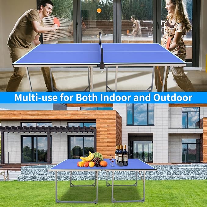 4FT/6FT/8FT/9FT Folding Rolling Table Tennis Table Regulation Ping Pong Table with 2 Paddles 3 Balls 1 Net and Post Set Fold-Up Design 4 Wheels for Easy Movement
