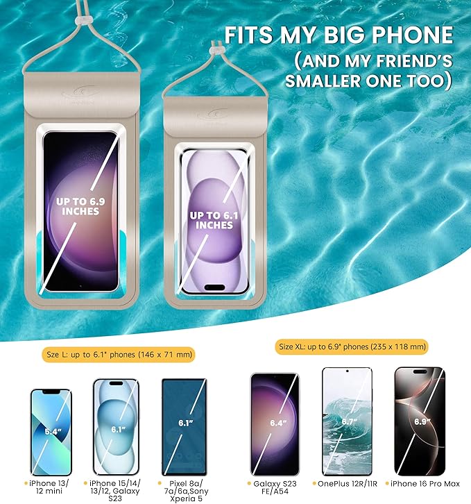 HiRui Universal Waterproof Phone Pouch with Touch Screen, IP68 Waterproof Phone Case Dry Bag for Beach, Compatible with iPhone 16/Pro/Plus/Max/15/14, Galaxy S24+/25+, Fits up to 6.9" (Gold, X-Large)