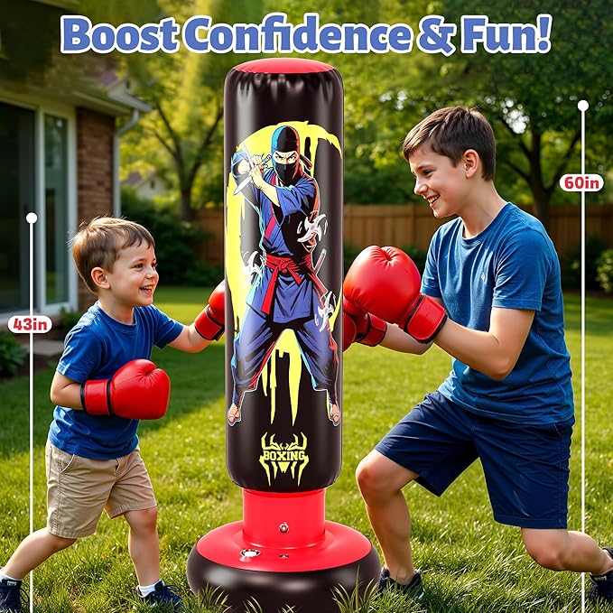 66-Inch Inflatable Kids Punching Bag, Ninja & Hero Double-Sided Boxing Bag for Boys & Girls Ages 3-12, Durable Bounce-Back Karate Training Toy with Gloves, Birthday for Kids Active Play