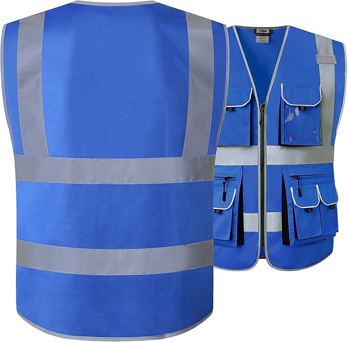 JKSafety 10 Pockets High Visibility Zipper Front Blue Safety Vest with High Reflective Strips Meets ANSI/ISEA Standards (Medium, 88-Blue)