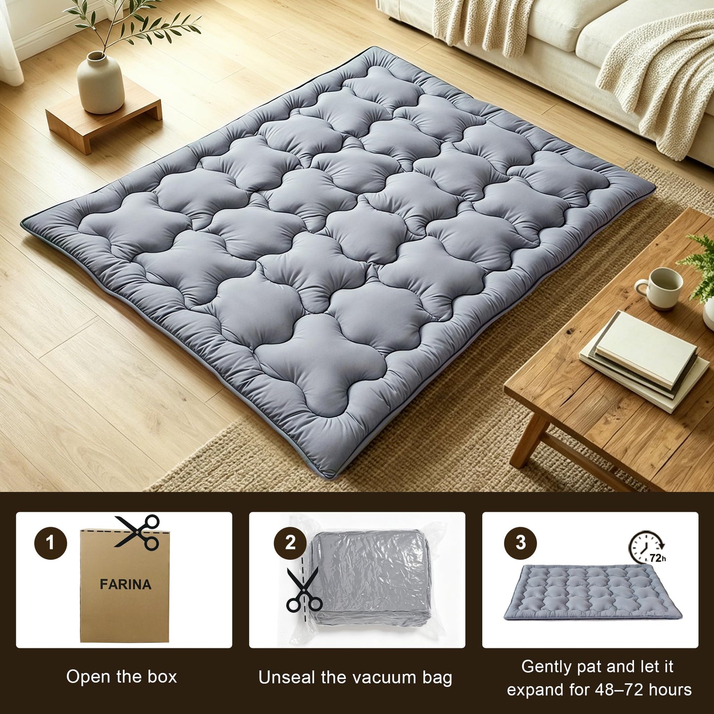 FARINA Japanese Futon Mattress Floor Mattress, 3.5" Thicken Twin Size Shredded Memory Foam Roll Up Foldable Tatami Mat, Portable Sleeping Pad for Living Room Guest Room (Grey, Twin)