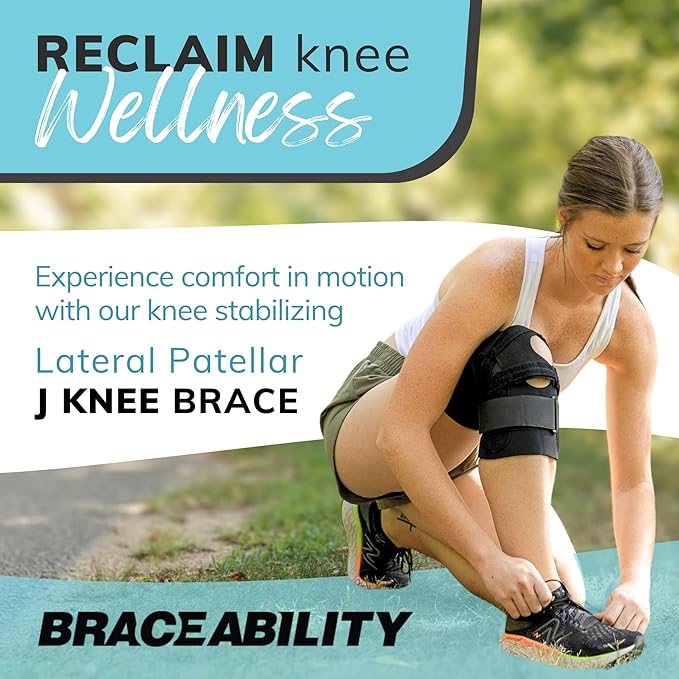BraceAbility J Patella Knee Brace - Lateral Patellar Stabilizer with Medial and J-Lat Support Straps for Dislocation, Subluxation, Patellofemoral Pain, Left or Right Kneecap Tracking (Small)