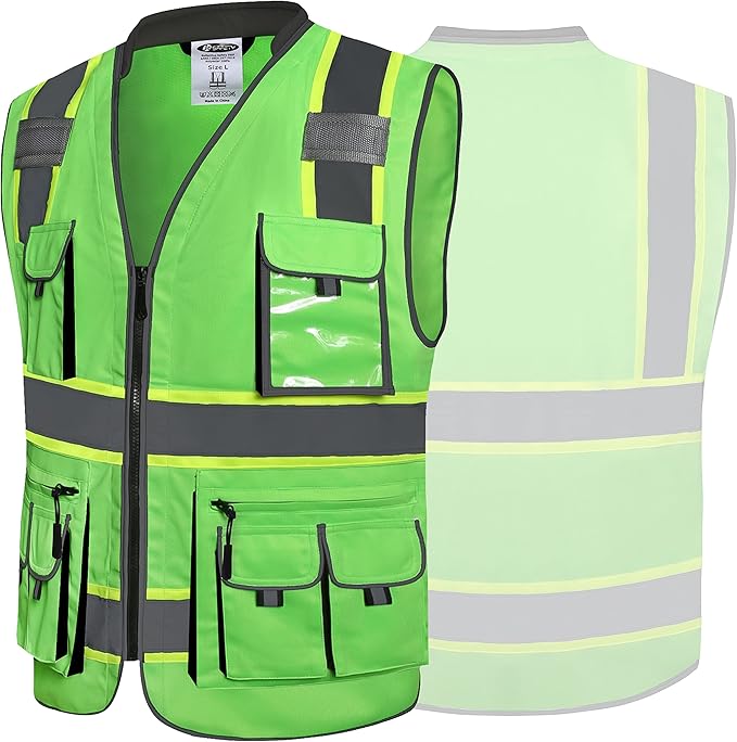 JKSafety 10 Pockets Hi-Vis Zipper Front Fluorescent Green Safety Vest | Cushioned Collar | High Reflective Tapes with Extended Neon Yellow Strips | Meets ANSI/ISEA Standards (Large, 89-Green)