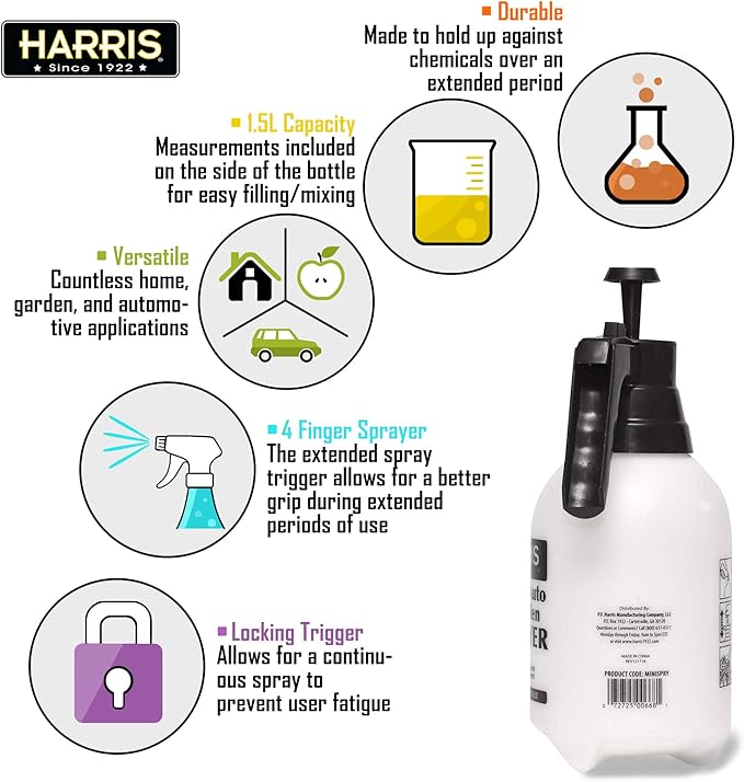 HARRIS Continuous Hand Pump Pressure Sprayer for Home, Lawn, Garden, Car Detailing and More, 1.5L