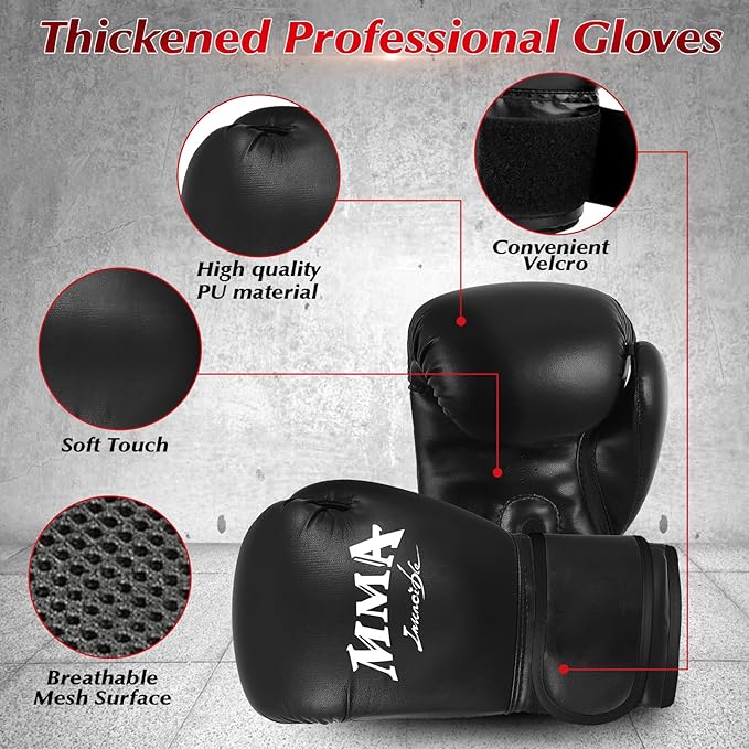 4FT Hanging Punching Bag for Adults, Super PU Leather Boxing Training Equipment Heavy Bag with 12OZ MMA Gloves, Unfilled Kicking Bag Boxing Set for Training Karate Kickboxing Muay Thai