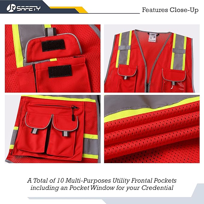 JKSafety 10 Pockets Hi-Vis Neon Color Frontal Zipper Mesh Safety Vest for Men Women Safety Utility for works Comply to ANSI/ISEA Standards (86-Red 3XL)