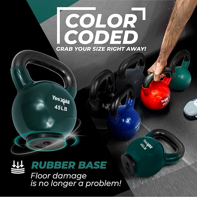 Yes4All Kettlebells Rubber Base, Kettlebell Set for Women, Strength Training Kettlebells Weights (10-65 lbs)