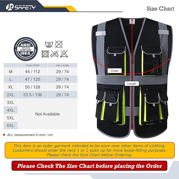 JKSafety 10 Pockets Black Color Safety Vest Zipper Front with High Reflective Strips Meets ANSI/ISEA Standards (88-Black, XX-Large)