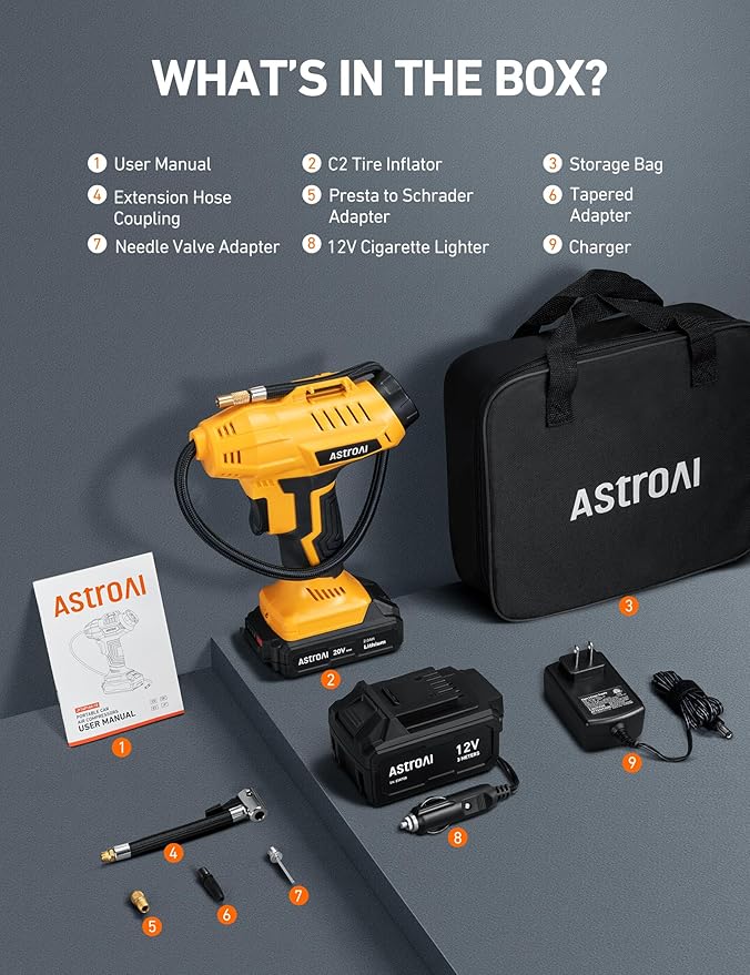AstroAI Cordless Tire Inflator Air Compressor 20V Rechargeable Battery Powered 160PSI Portable Air Pump with 12V Car Power Adapter Digital Pressure Gauge for Cars Motorcycles JY16P160-18(C2)Yellow
