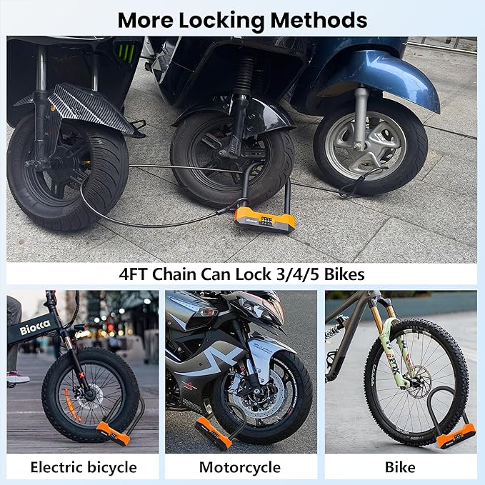 NDakter Bike Locks Heavy Duty Anti Theft,18mm Bicycle Combo U Lock with 5FT Cable, 4-Digit Resettable Combination Electric Scooter Lock with 2Keys and Bracket for Tricycle, Moped, Motorcycle (Orange)