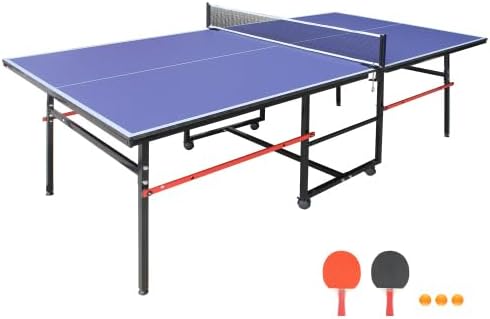 4FT/6FT/8FT/9FT Folding Rolling Table Tennis Table Regulation Ping Pong Table with 2 Paddles 3 Balls 1 Net and Post Set Fold-Up Design 4 Wheels for Easy Movement