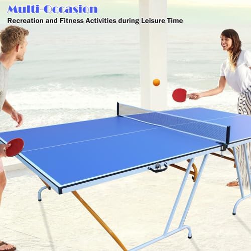 Rakon Table Tennis Table, 9×5 Foldable & Portable Ping Pong Table Set with 2 Table Tennis Paddles, 3 Balls and Net for Indoor Outdoor Game, Blue
