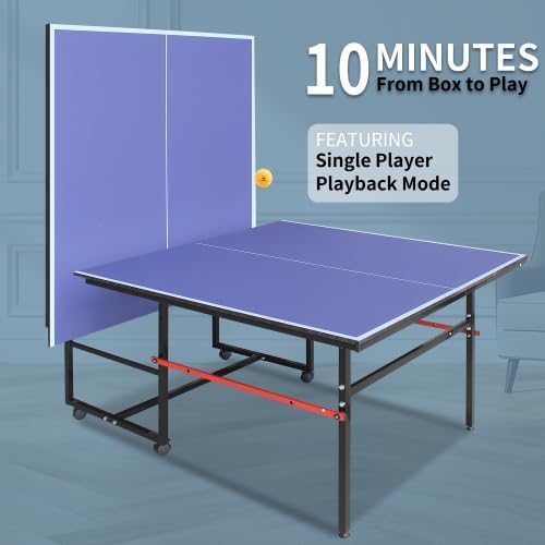 4FT/6FT/8FT/9FT Folding Rolling Table Tennis Table Regulation Ping Pong Table with 2 Paddles 3 Balls 1 Net and Post Set Fold-Up Design 4 Wheels for Easy Movement