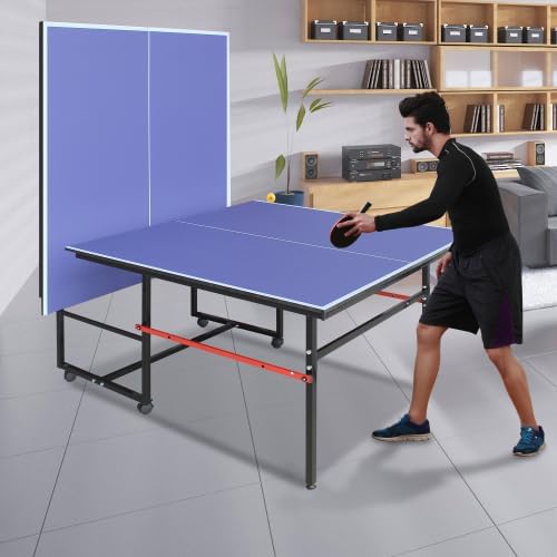 4FT/6FT/8FT/9FT Folding Rolling Table Tennis Table Regulation Ping Pong Table with 2 Paddles 3 Balls 1 Net and Post Set Fold-Up Design 4 Wheels for Easy Movement
