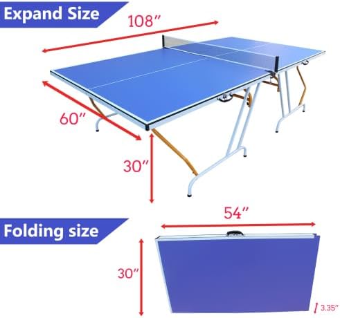 Rakon Table Tennis Table, 9×5 Foldable & Portable Ping Pong Table Set with 2 Table Tennis Paddles, 3 Balls and Net for Indoor Outdoor Game, Blue