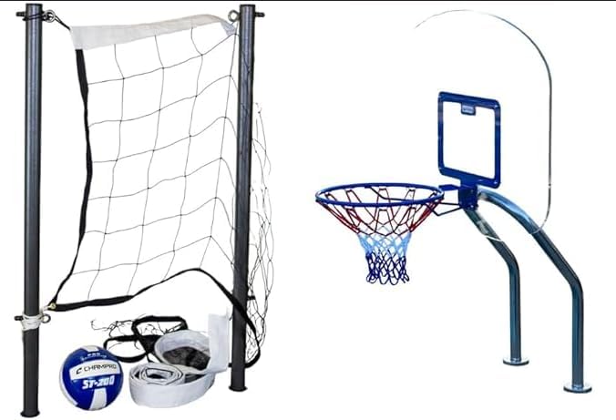Global Pool Products X2 Basketball and Volleyball Pool Game - Set Includes 16' Net & Ball Stainless Steel Polished - No Anchor GPP-X2VB16-SS