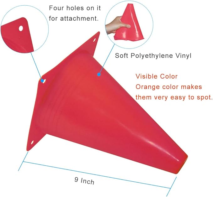 9 Inch Plastic Training Traffic Cones, Sport Cones, Agility Field Marker Cones for Soccer Basketball Football Drills Training, Outdoor Activity or Events - (Set of 10, 12, 15 or 24, 4 Colors)