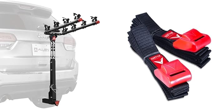 Allen Sports Deluxe Locking Quick Release 4-Bike Carrier for 2 Inch Hitch, Model 542QR, Black & Sports 8 Ft Polyester Cargo Straps with Padded Cam Buckles (500 lb Break Strength), Model 508S