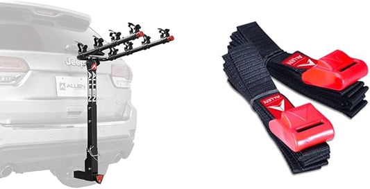 Allen Sports Deluxe Locking Quick Release 4-Bike Carrier for 2 Inch Hitch, Model 542QR, Black & Sports 8 Ft Polyester Cargo Straps with Padded Cam Buckles (500 lb Break Strength), Model 508S