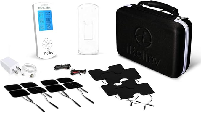 FDA Cleared iReliev TENS Unit + EMS 14 Therapy Modes, Premium Pain Relief and Recovery System, Rechargeable, Large Back Lit Display, 12 Electrodes & Case