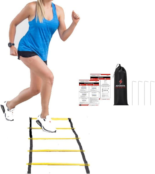 DELUXE EDITION Agility Ladder Training Set - 13 Rung 21ft Agility Ladder w/13 Disc Cones, Carry Bag - Improve Speed & Strength Soccer, Football, Basketball w/4 Steel Pegs for Outdoor Workout Charts