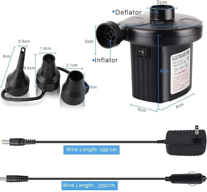FBve Electric Air Pump, 100-240V AC/12V DC Portable Electric Air Mattress Pump, Quick-Fill Inflator/Deflator with 3 Nozzles for Outdoor Camping, Inflatable Cushions, Air Mattress Beds, Boat