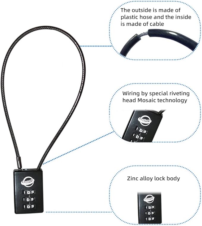 3 Digit Cable Combination Lock 16 inches Cable for School Gym Locker,Filing Cabinets,Helmet,Toolbox,Luggage Suitcase,knapsack,Black 2Pack