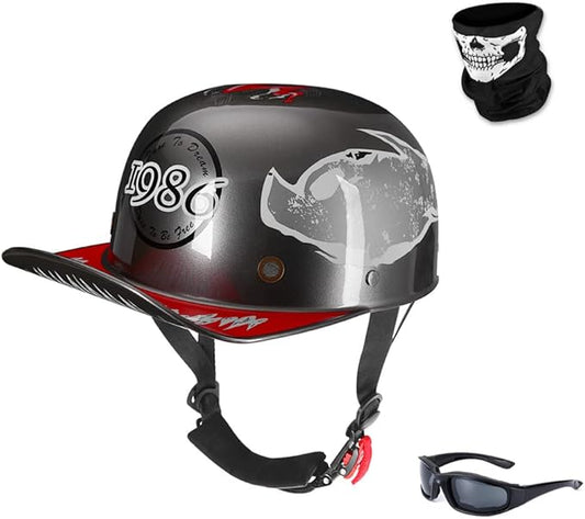 Vintage Retro Open Face Motorcycle Helmet Baseball Cap Half Helmets Men Women for Moped Cap Jet Scooter Street Cruiser with Mask Glasses - DOT Certified