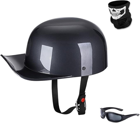 Vintage Open Face Motorcycle Helmet Retro Baseball Cap Half Helmets Men Women for Cruiser Street Scooter Moped Cap Jet with Mask Glasses - DOT Certified