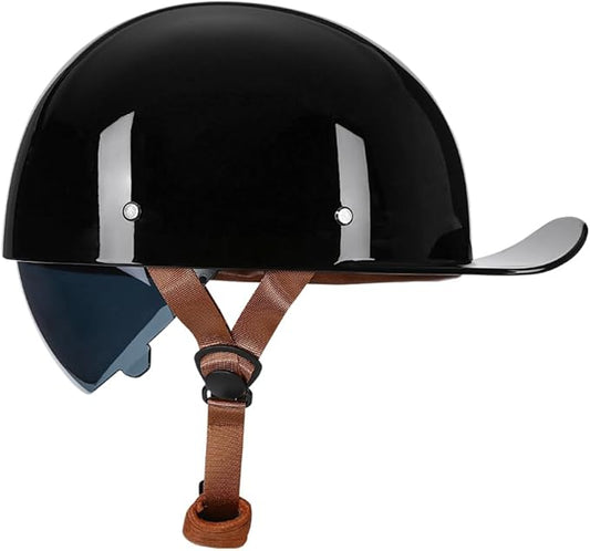 Vintage Retro Open Face Motorcycle Helmet Baseball Cap Half Helmets with pull-down Lens for Men Women Moped Cap Jet Scooter Street Cruiser - DOT Certified (Gloss Black,Medium)