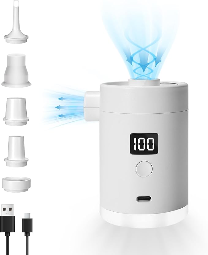 Portable Air Pump for Inflatables: Type-C Rechargeable with 4000mAh Battery Lightwight Ultra-Fast Inflate Deflate Electric Air Pumps with Camping Light for Sleeping Pads, Pool Toys, Floats