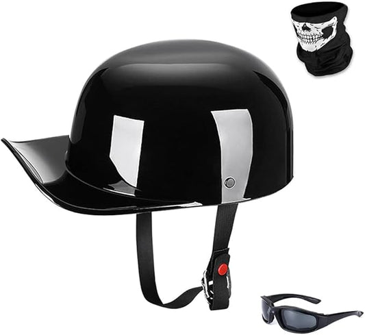 Vintage Open Face Motorcycle Helmet Retro Baseball Cap Half Helmets Men Women for Cruiser Street Scooter Moped Cap Jet with Mask Glasses - DOT Certified