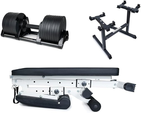 BUNDLE DEAL - Two Adjustable Dumbbells (80LB Black) + Dumbbell Stand + Adjustable Bench (4 items)