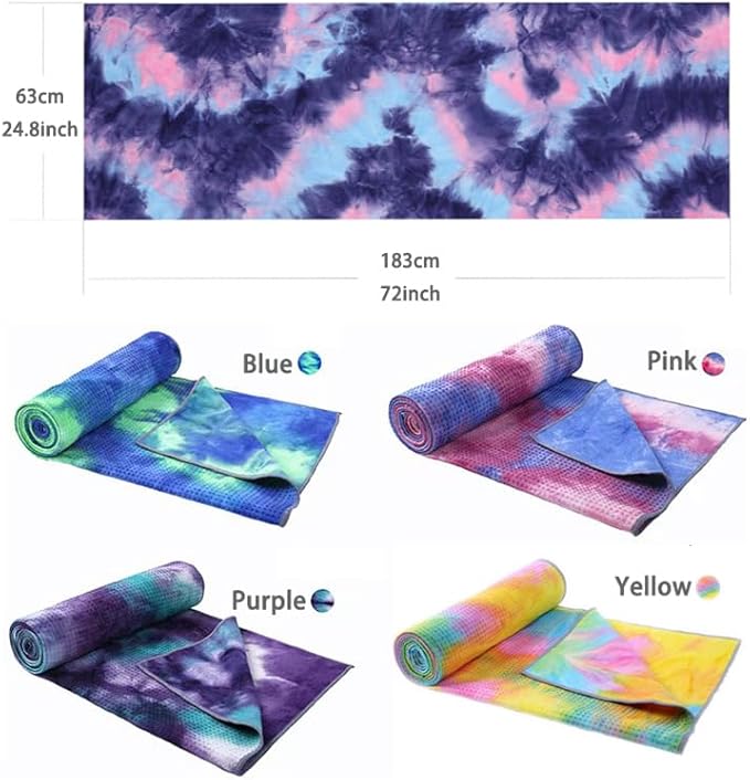 Tie-Dye Hot Yoga Towel with Non-Slip Grip Dots, Microfiber Yoga Mat Sweat Absorbent Mat Cover for Yoga, Pilates, & Workouts - 72" x 24.8", Free Carry Bag (Purple)