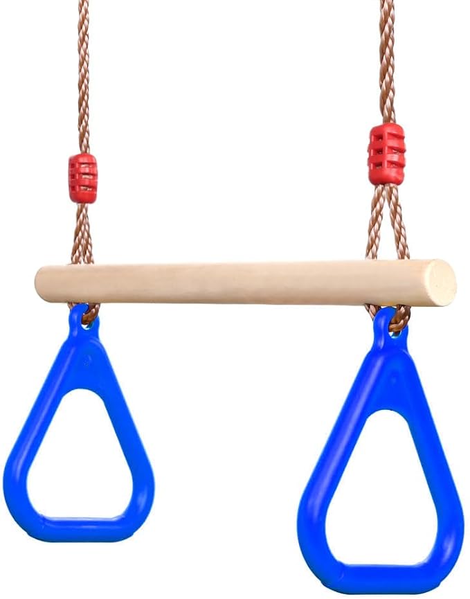 PELLOR Playground Children's Wooden Trapeze Swing Bar with Plastic Gym Rings Swing Set for Indoor & Outdoor Fun