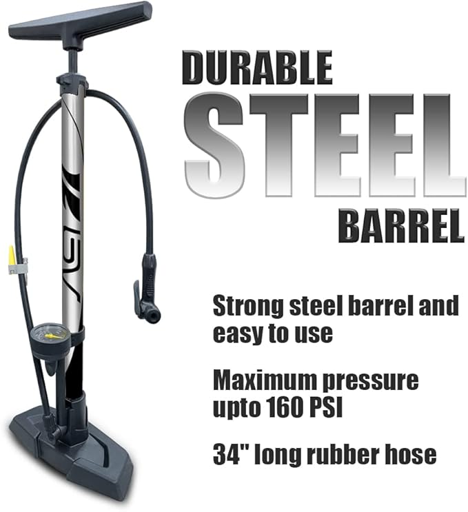 BV Bicycle Pump Durable Bike Floor Pump 17/24 inch Smart Valve Head, 160 psi, Automatically Reversible Presta and Schrader