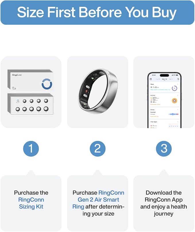 RingConn Gen 2 Air, Ultra-Thin AI Smart Ring, 10-Day Battery Life, Fitness/Sleep/Stress/HR Tracker for Women&Men, No App Fee for Standard Features, iOS & Android Compatible (Size 12, Galaxy Sliver)