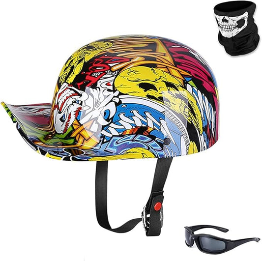 Vintage Open Face Motorcycle Helmet Retro Baseball Cap Half Helmets Men Women for Cruiser Street Scooter Moped Cap Jet with Mask Glasses - DOT Certified
