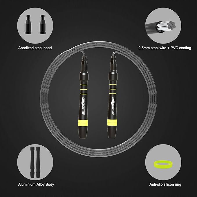 Jump Rope Fitness, Wigore High Speed Jump Rope for Men and Women exercise,360 Degree Spin, Silicone Grip with 2 Speed Rope Cables for Home Workout, Color Black
