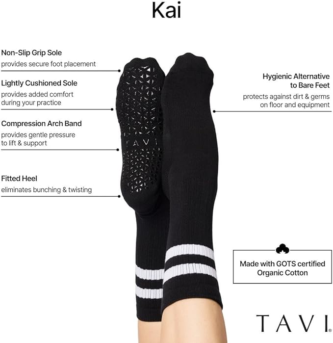 TAVI Kai Fashion Crew Grip Socks - For Slipper Barre, Pilates, and Yoga - with Grips for Women and Men