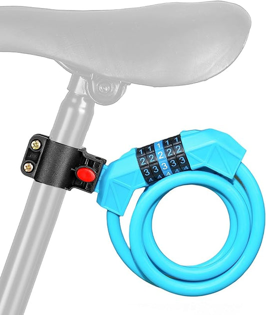 Bike Lock with Mounting Bracket, 4-Feet Bike Cable Basic Self Coiling 5-Digit Resettable Combination Cable Bike Locks, for Bicycle, Motorcycle, Scooter (Blue)