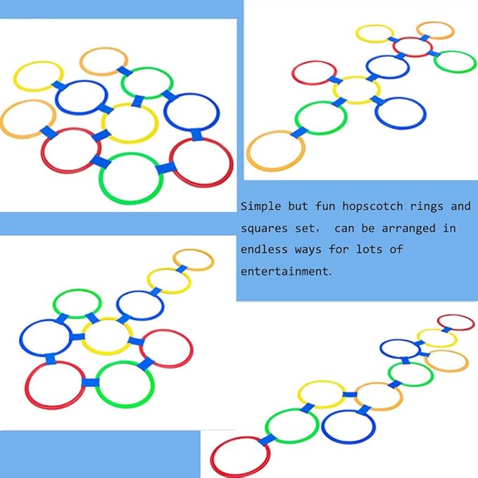11in Hopscotch Rings-Hopscotch Game Hoops Circles with 15 Connectors for Kids Balance Agility Training Obstacle Course, Boys Girls Birthday Fun Play Indoor Outdoor Backyard Playground Activity